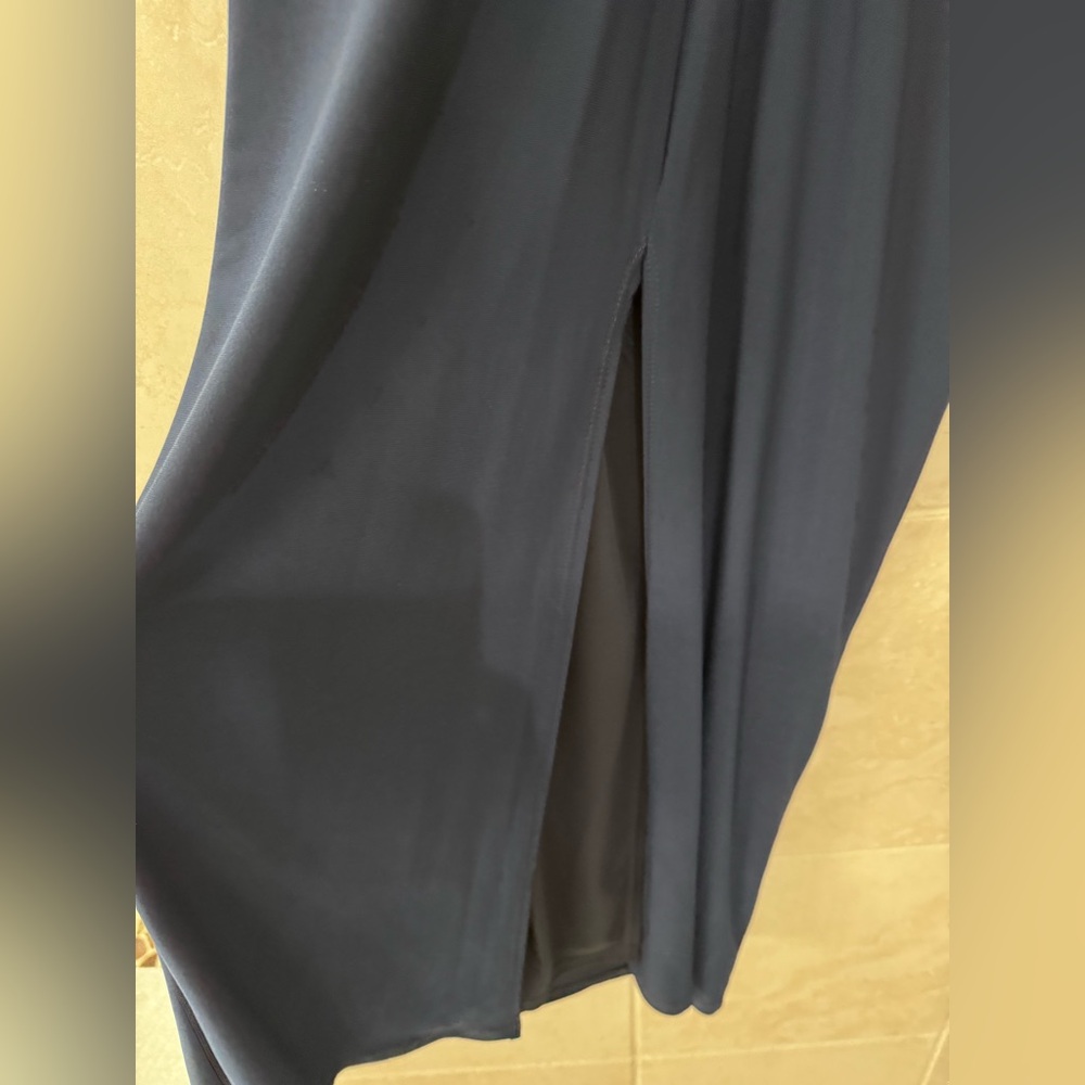 MARINA Navy Long Sleeve Evening Gown with Beaded Sleeves - Picture 3 of 6
